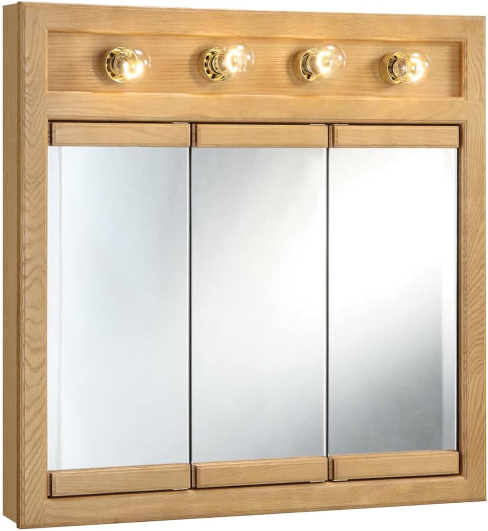 Design House Richland Medicine Cabinet with 4 Lights, Fully Assembled, Wall Mounted, 3 Mirrored Doors, Wood Frame, Oak Finish, 30 in x 5 in x 30 in, 530600-NOK