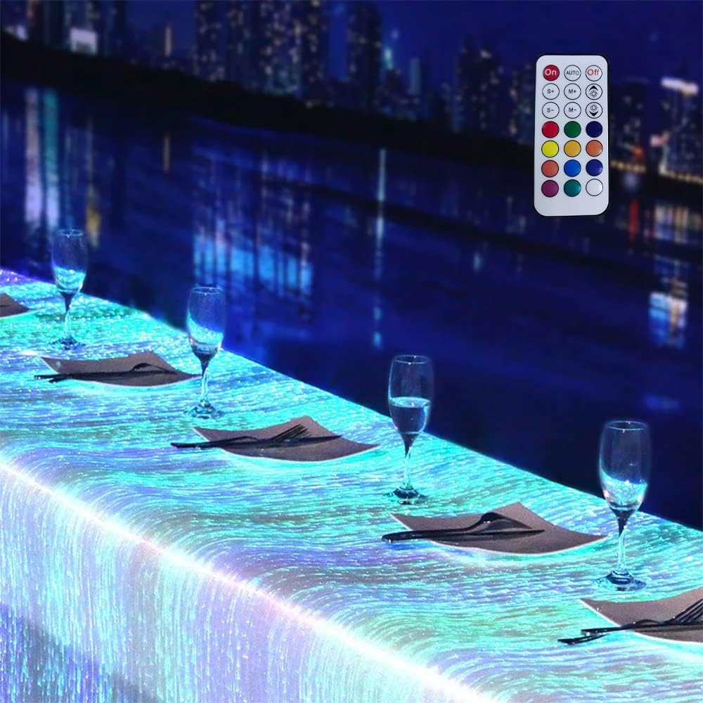 LED Table Cloth Cover - Fiber Optic Fabric Light Up Bar Disco Dinning Rectangle Tablecloth Birthday Party Wedding (White Fabric, L100*W150CM (L3.3*W4.9FT))