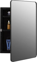 Basicwise Plastic Medicine Cabinet with Beveled Edge Mirror Door and Round Corner Metal Frame, Surface or Recessed Mount Options, Bathroom Wall Mounted Vanity Cabinet with 2 Adjustable Shelves, Black