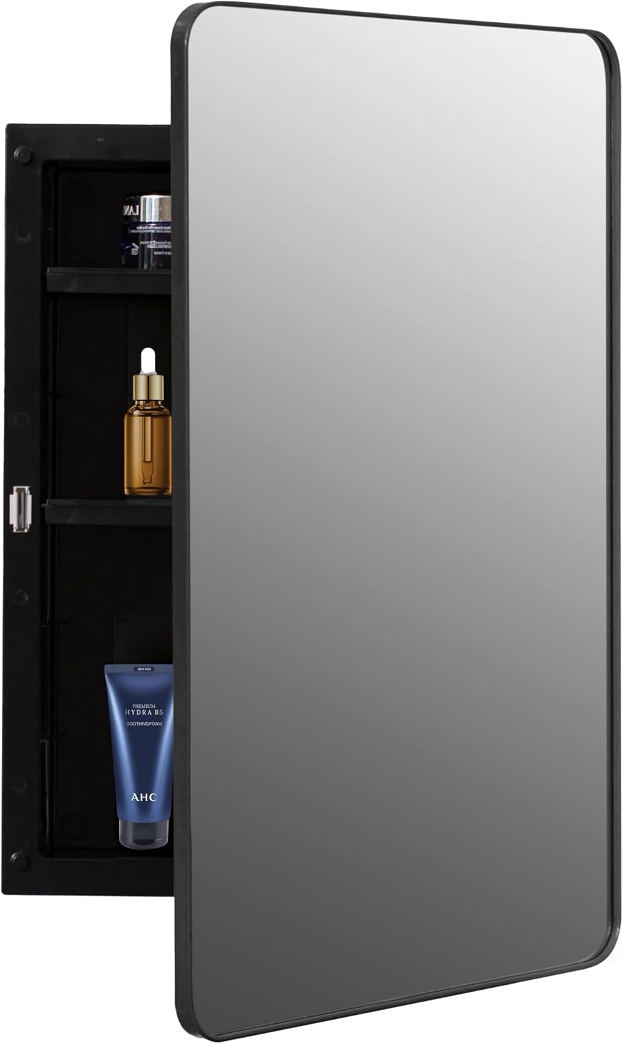 Basicwise Plastic Medicine Cabinet with Beveled Edge Mirror Door and Round Corner Metal Frame, Surface or Recessed Mount Options, Bathroom Wall Mounted Vanity Cabinet with 2 Adjustable Shelves, Black