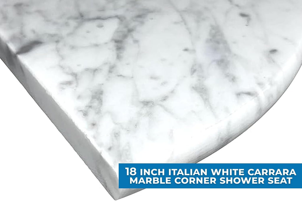 18 Inch Italian White Carrara Marble Corner Shower Seat Bathroom Caddy, Wall Mounted Shower Shelf, Classic Flatback Design