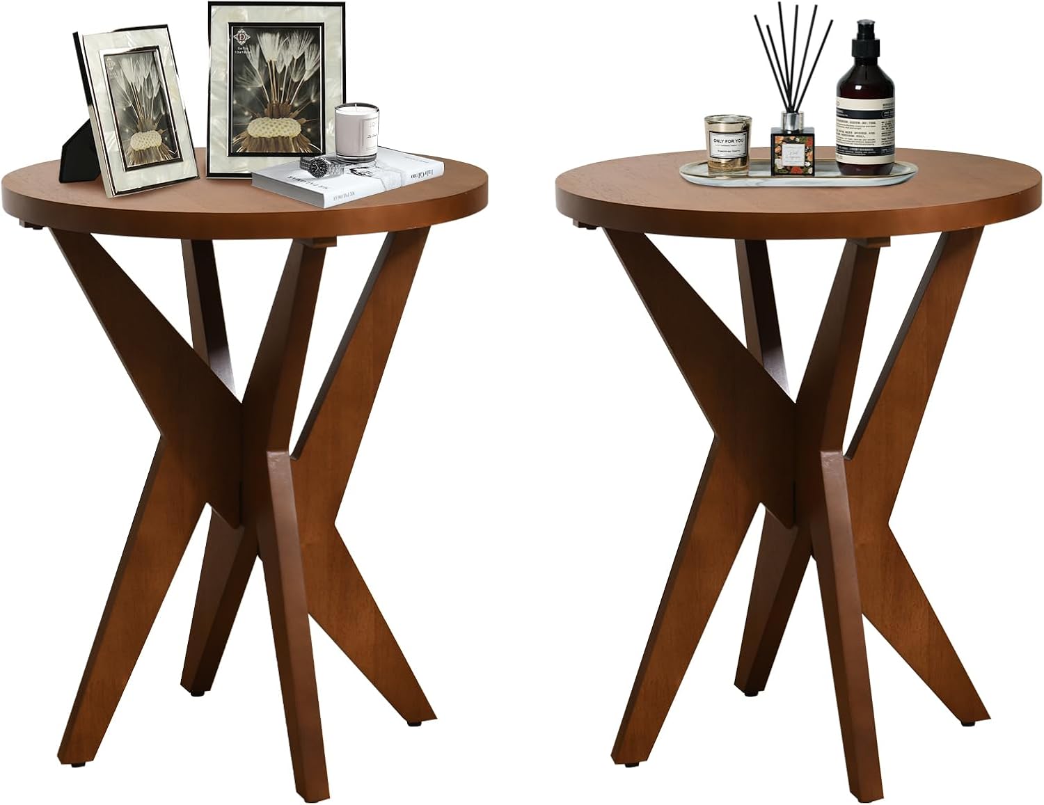 Ahokua Mid-Century Modern Round End Table Set of 2, Walnut Brown Farmhouse Side Tables with MDF Top and Crossed Legs for Living Room, Bedroom, or Small Spaces