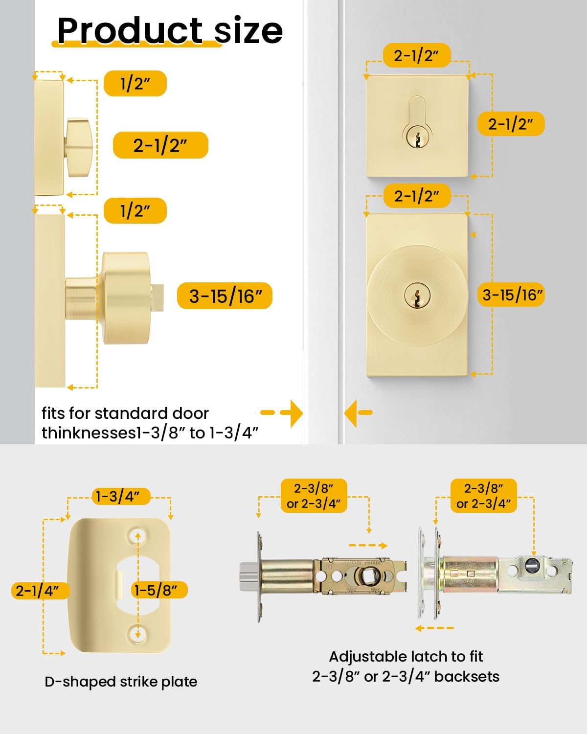 Goldenwarm Brushed Gold Exterior Door Knob with Deadbolt, Square Keyed Different Front Entry Lockset, Heavy Duty, 3 Pack