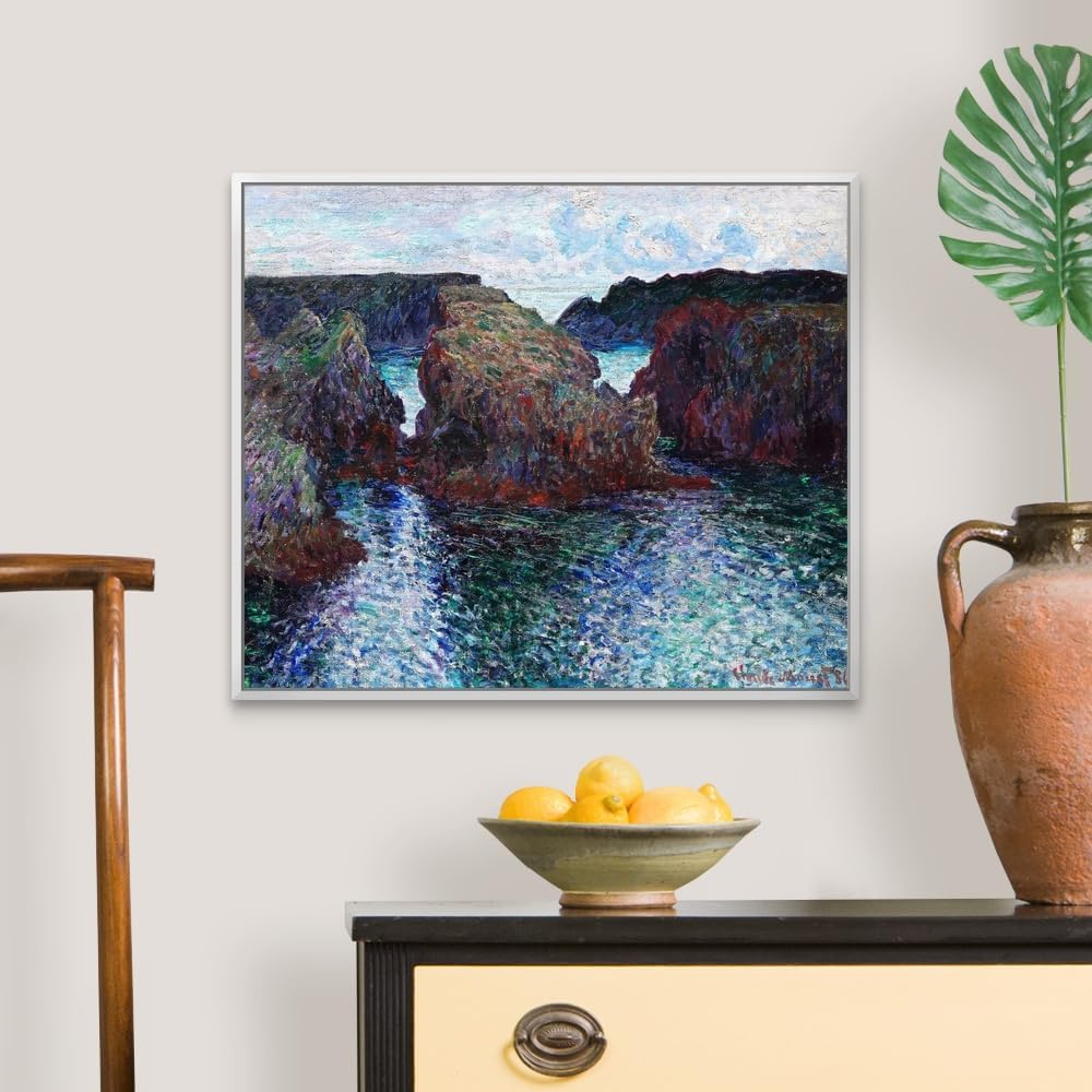 CANVAS ON DEMAND Rocks At Port-Goulphar, Belle-Ile White Float Framed Canvas Wall Art Print by Claude Monet, Classic, Impressionism, Traditional, Home Decor, Ocean Artwork,24' x20in