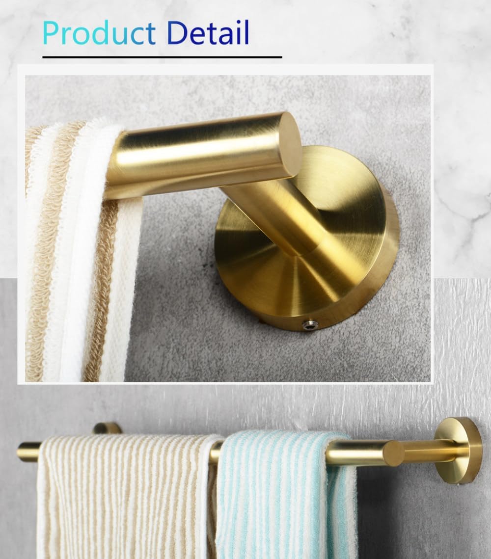 Brush Gold Bathroom Hardware Accessories Set Towel Bar Paper Holder Towel Ring Robe Hook Round Classic Bathroom Fittings, 4 Piece kit 30cm