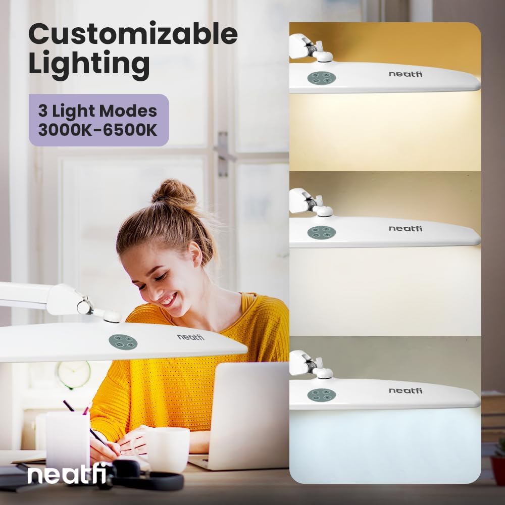 Neatfi XL LED Desk Lamp | 20-Inch Wide Head (White-2, CCT with Clamp)