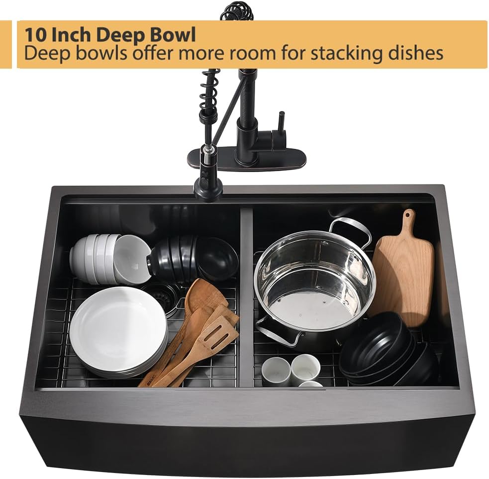 33 Inch Black Double Bowl Farmhouse Sink Workstation-Bokaiya 33x22 Farm Sink Black Stainless Steel 50/50 Double Bowl Apron Front 16 Gauge Low Divided Deep Farm House Style Sink