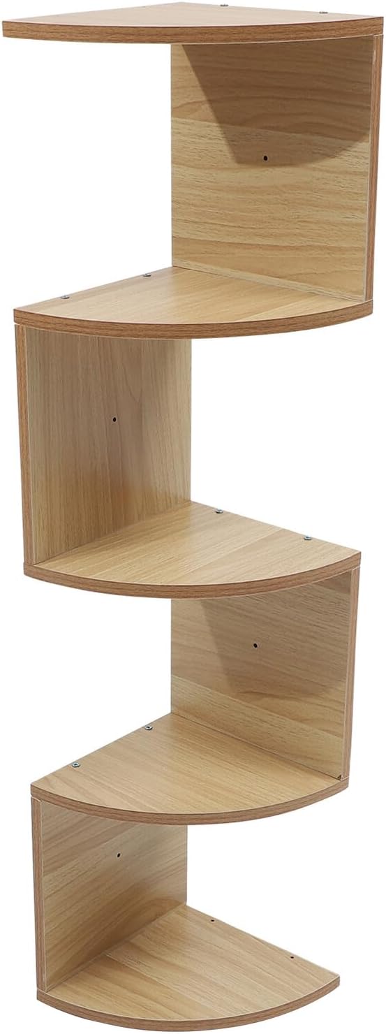 Creative 5-Layer Wall-Mounted Wooden Shelf, Corner Storage Rack with Light Walnut Finish, Multi-Functional Floating Shelf for Home Décor and Bedroom Organization