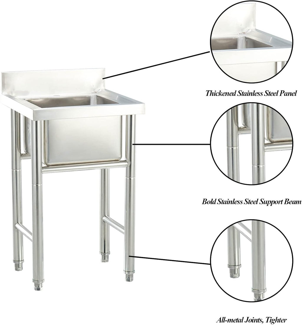 Kitchen Stainless Steel Sink Stand Alone Sink Outdoor Washing Table and Sink Commercial Sink Single Bowl Sink for Dinning Room