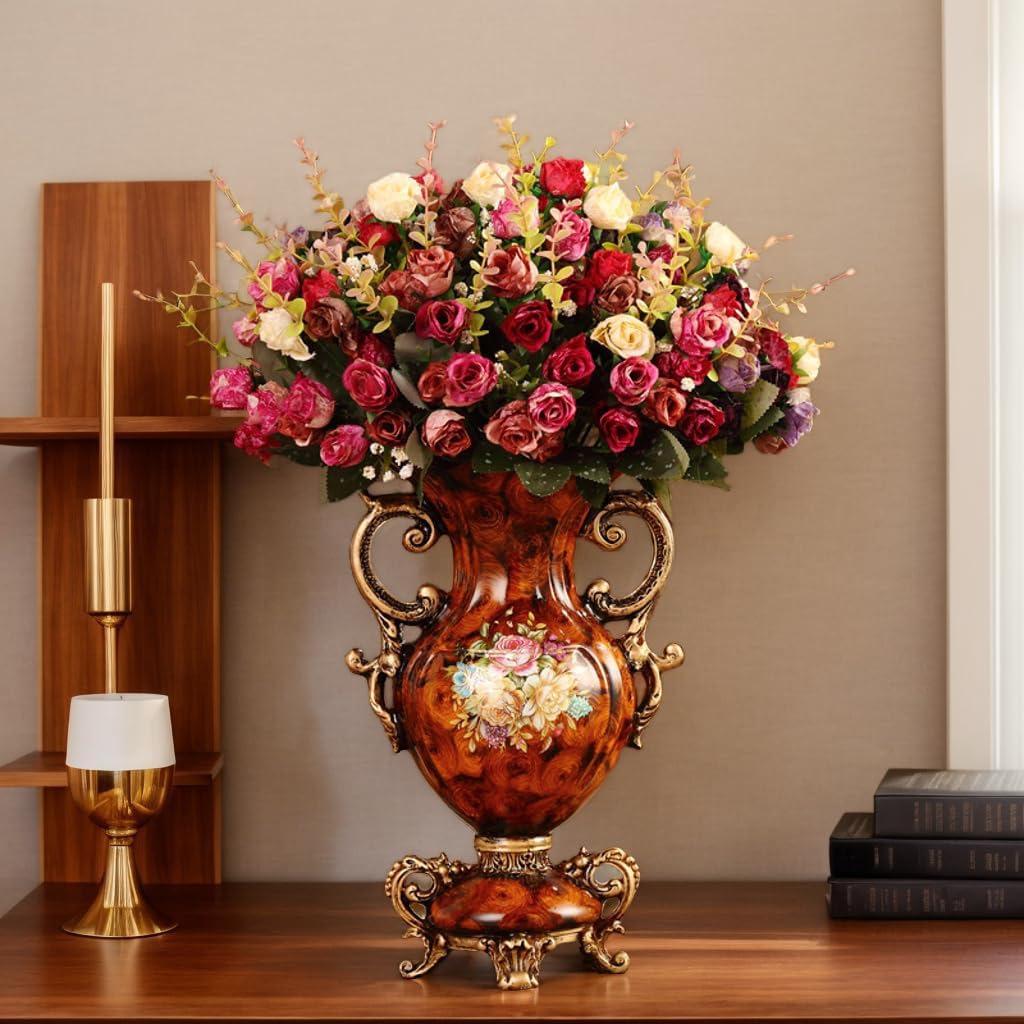 Artificial Flowers in Vase - Vintage Home Decor with Floral Arrangement, Luxury Indoor Table Centerpiece for Living Room, Wedding Party Decoration (European Wood Grain Style)