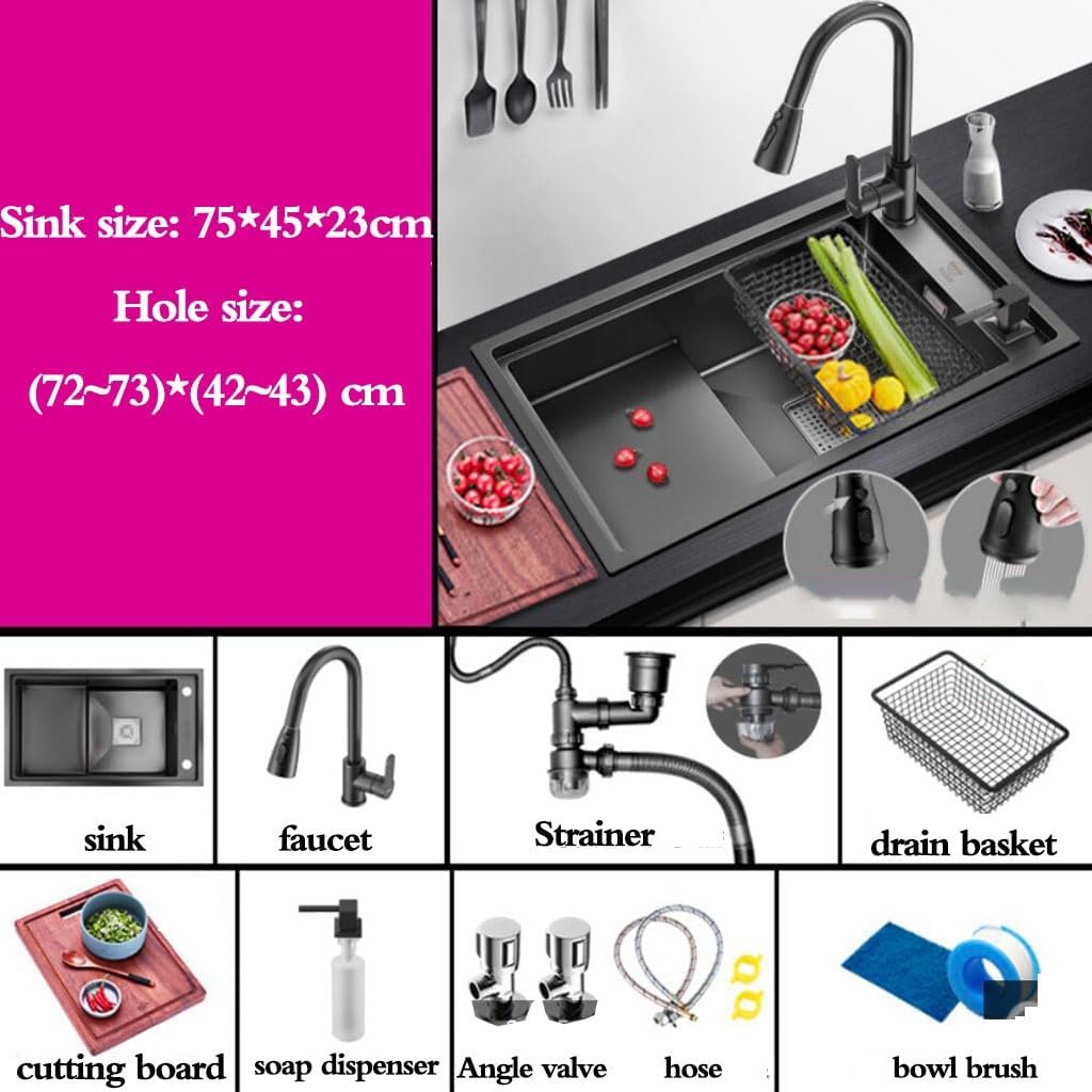 Kitchen Sinks, Single Bowl High and Low Stepped Single Bowl Sink Kitchen Stainless Steel Sink Home Countertop Basin Balcony Pool (