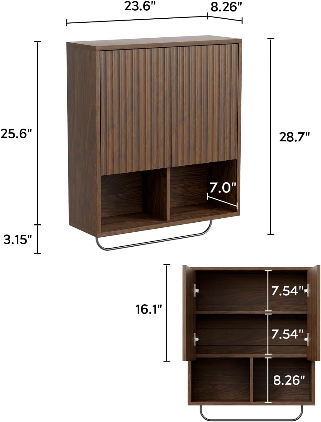 Fluted Wall Cabinets with Doors and Shelves Set of 2, Modern Medicine Cabinet Bathroom Adjustable Shelf Towel Rack Wood Storage Cabinet for Kitchen Dining Room Living Room, Brown