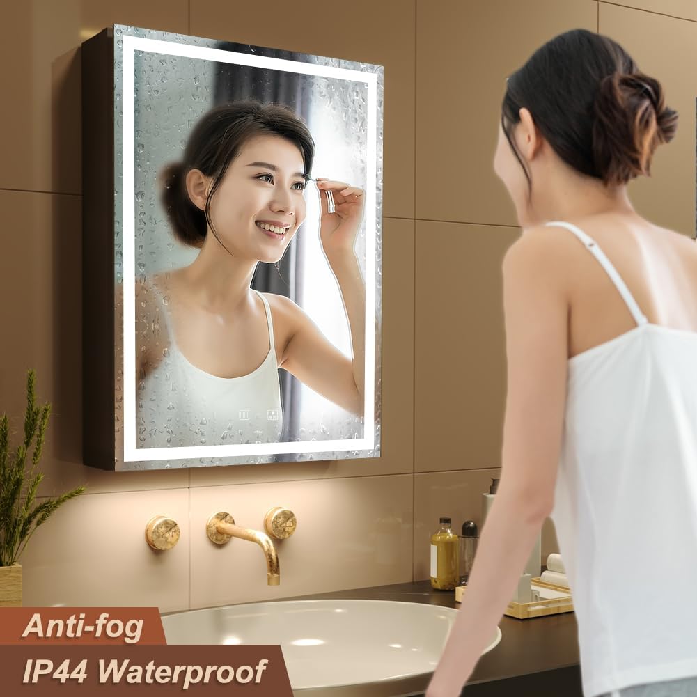 KWW LED Lighted Bathroom Medicine Cabinet with Sockets & USBs, Defogger, Dimmable, 3 Color Light Makeup Mirror, Easy to Install, Wall Mounted Cabinet (Right hinge-20 * 28)