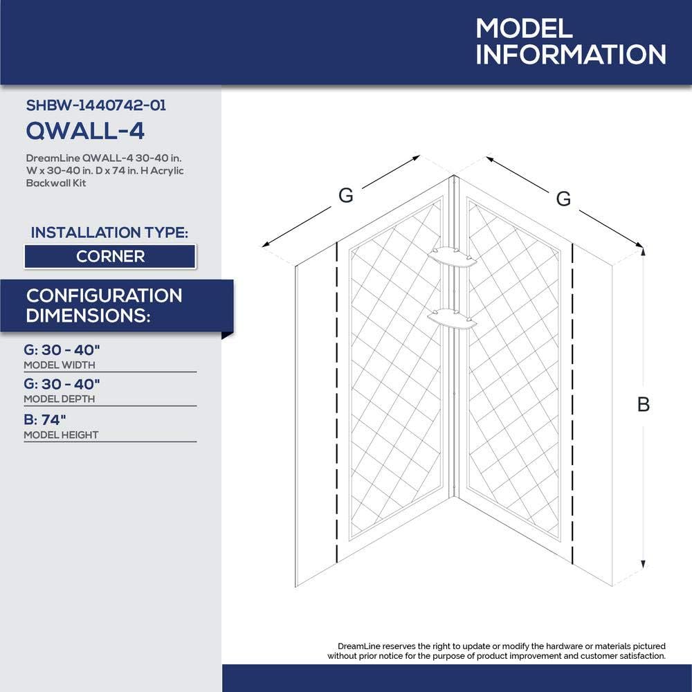 DreamLine 36 in. x 36 in. x 76 3/4 in. H Neo-Angle Shower Base and QWALL-4 Acrylic Corner Backwall Kit in White, DL-6044C-01
