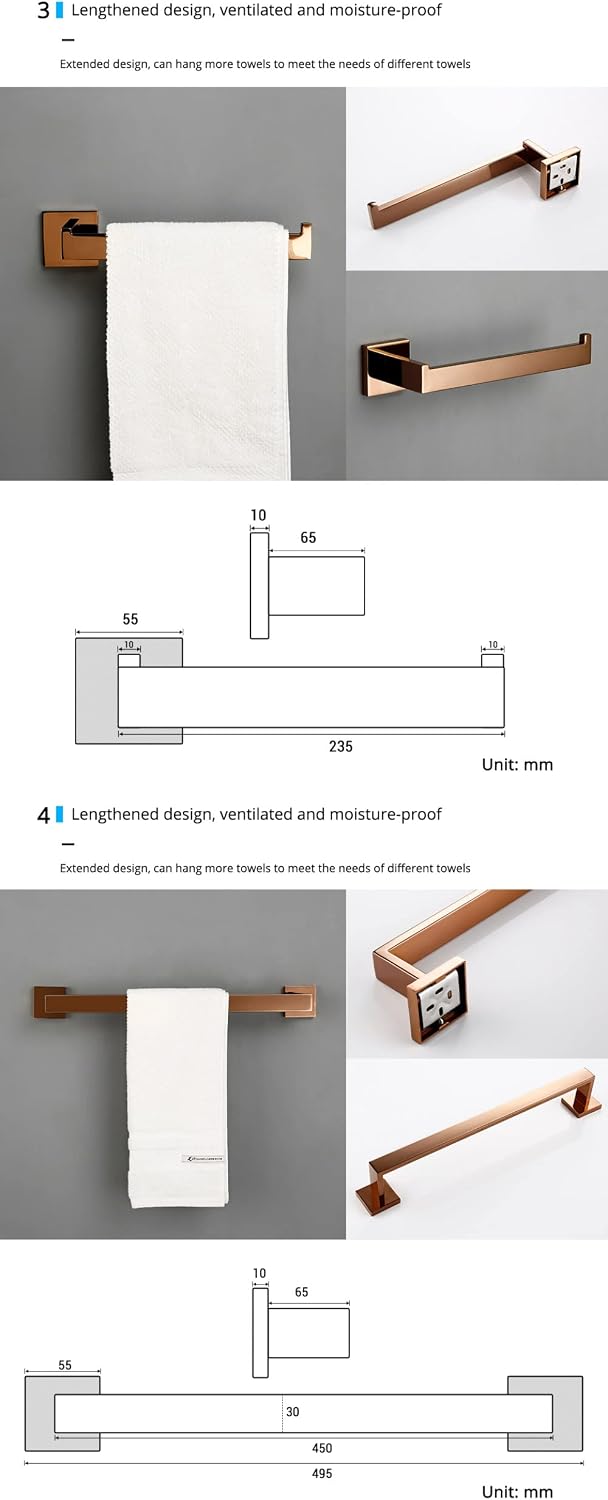 Rose Gold Bathroom Accessories Set Wall Mount Shelf Toilet Bath Hardware Paper Holder Towel Bar Rack Rail Rod Robe Hook Hanger,4 Piece Set