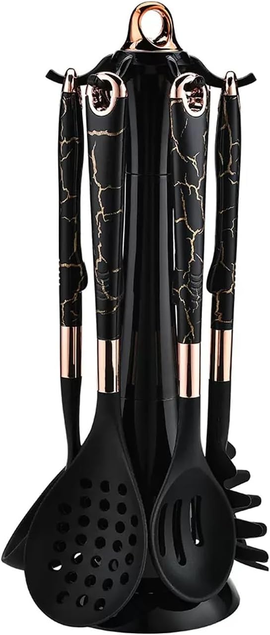 Kitchen Cooking Utensils Set, 7PCS Silicone Cooking Utensils Set - 446°F Heat Resistant Kitchen Utensils Set - Perfect for Non-Stick Kitchen Cookware - Dishwasher Safe(Black)
