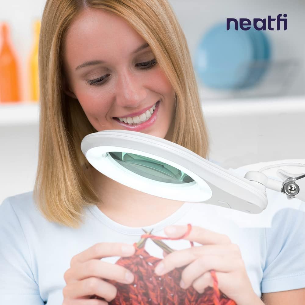 Neatfi LED Bifocal Magnifying Lamp 1,200 Lumens – 5' Glass Lens, Dual Magnification 2.25X/6X, Dimmable | Adjustable Arm with Clamp | Crafting, Jewelry & Reading (5 Diopter + 20 Diopter, White)