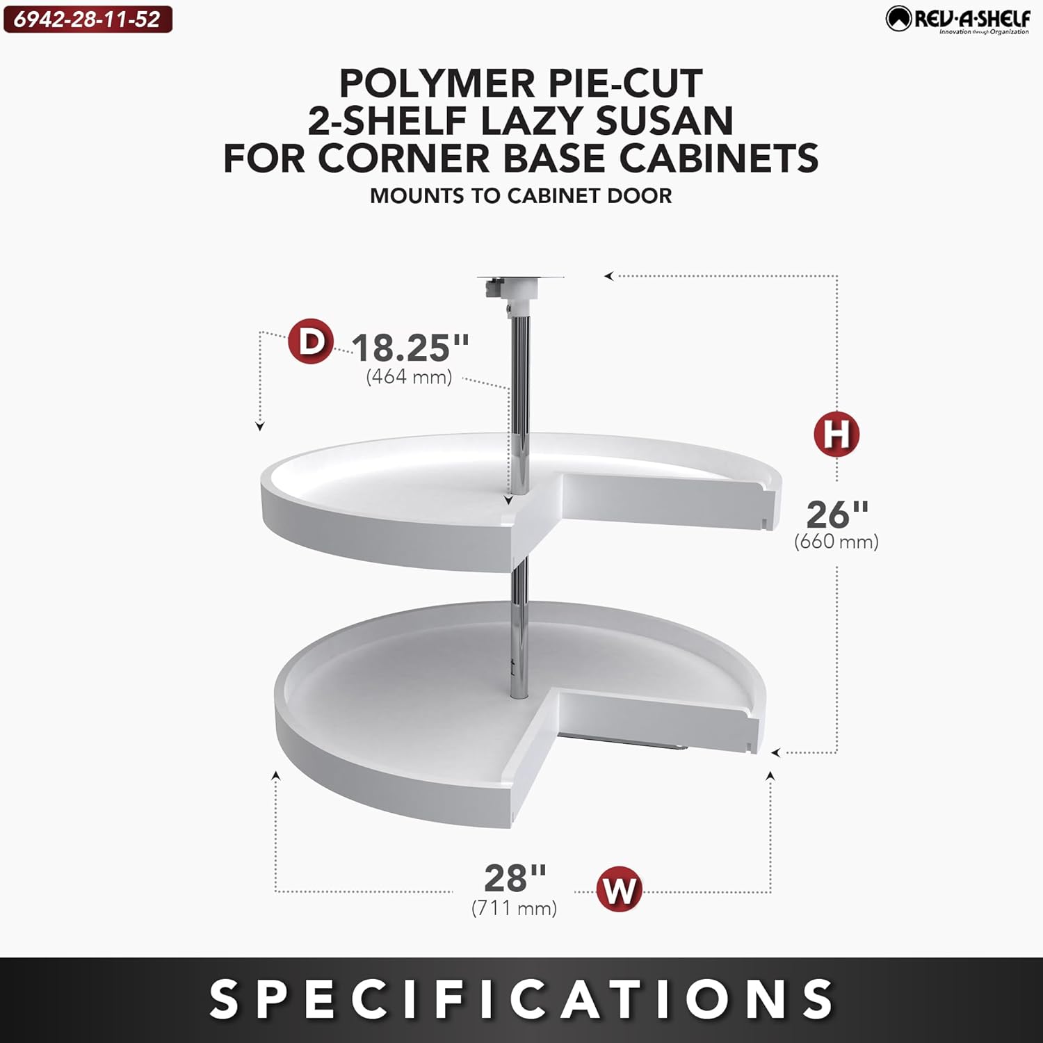 Rev-A-Shelf 2 Tier Pie-Cut Lazy Susan for Corner Base Cabinets, Plastic, 28' Double Shelf Swivel Kitchen Spice and Can Organizer, 28' W x 18.25' D x 26' H, White, 6942-28-11-52