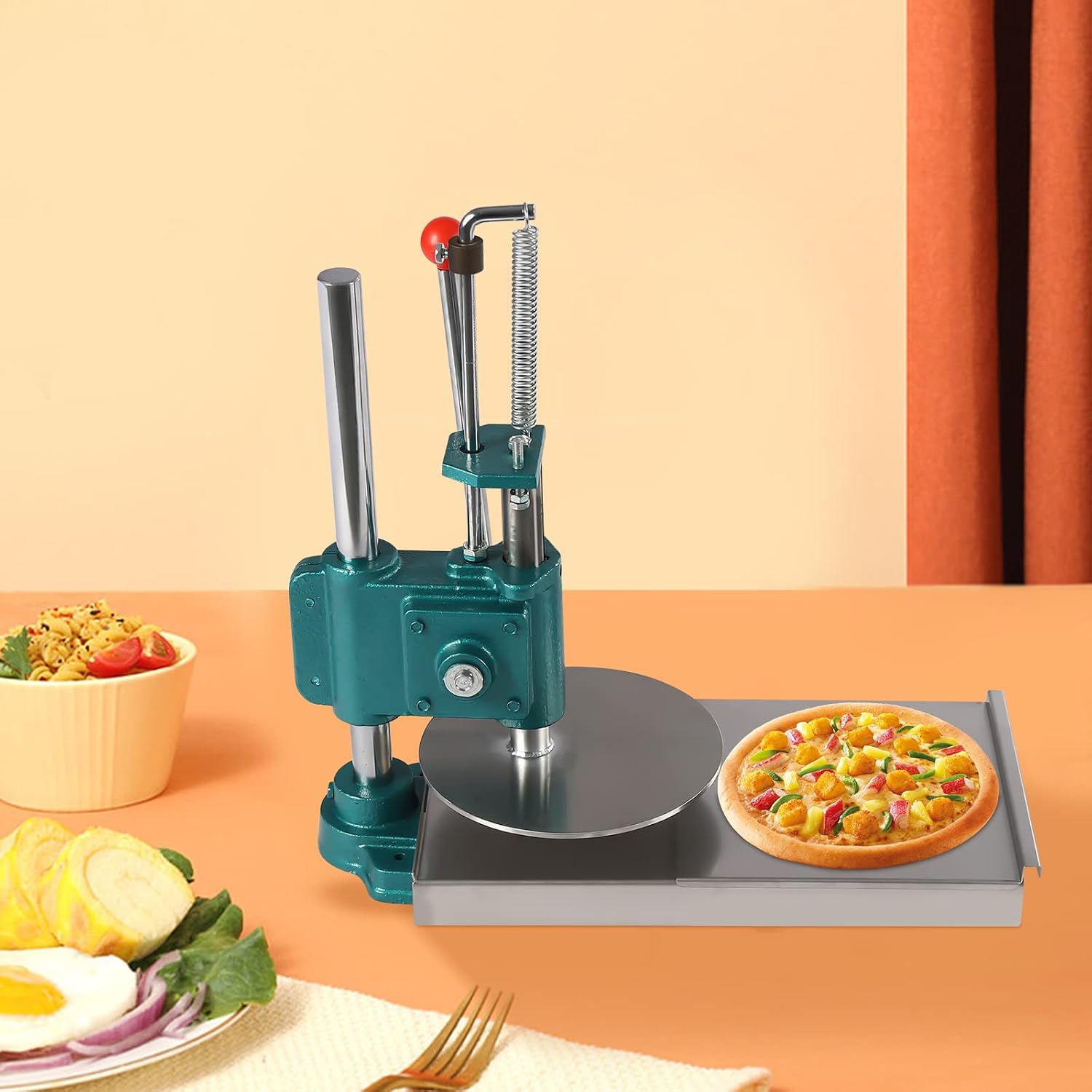 Pizza Dough Press Machine, Manual Pastry Press Machine, Adjustable Height Stainless-Steel Dough Presser for Household, Commercial, Hand Pie, Meatloaf, Pizza Crusts, Soft Roll (9.5in)