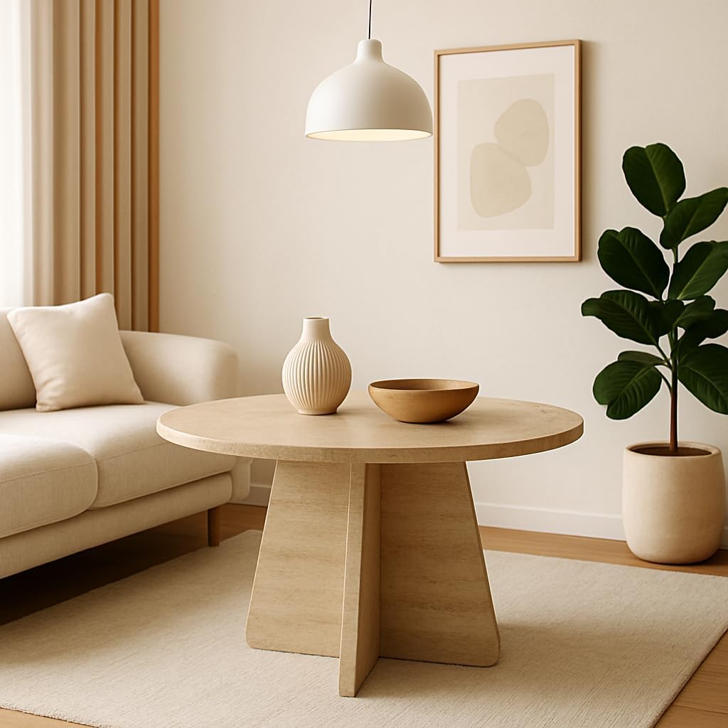 Travertine Efect 28.3 Inches Diameter Coffee Table Modern Side Table for Living Room Accent Table for Sofa or Bedroom (28.3x28.3x16.5 inches)