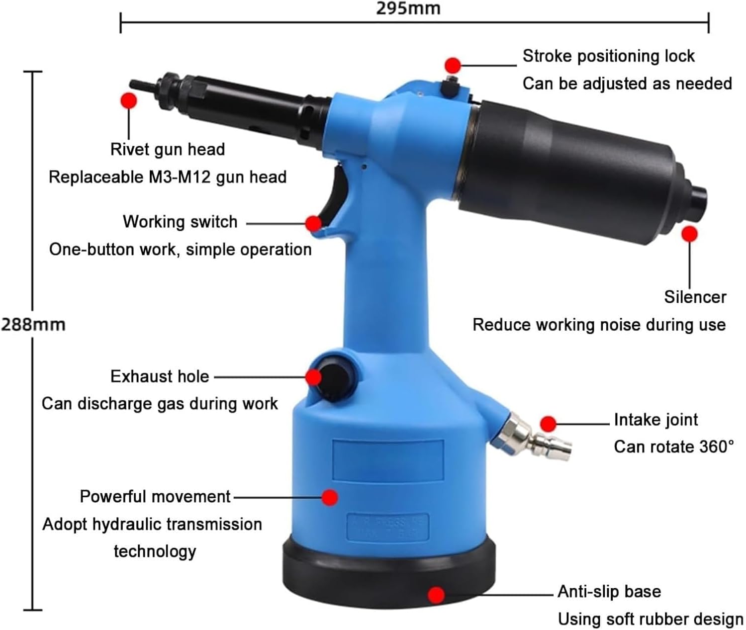 Heavy Duty Air Hydraulic Rivet Nut Tool Kit, Pulling Force Pop Rivet Gun Tool Kit with 7 Replaceable Nozzles Rivets & Toolbox, Automatic Air Rivet Hammer for Construction(Blue) (Red)
