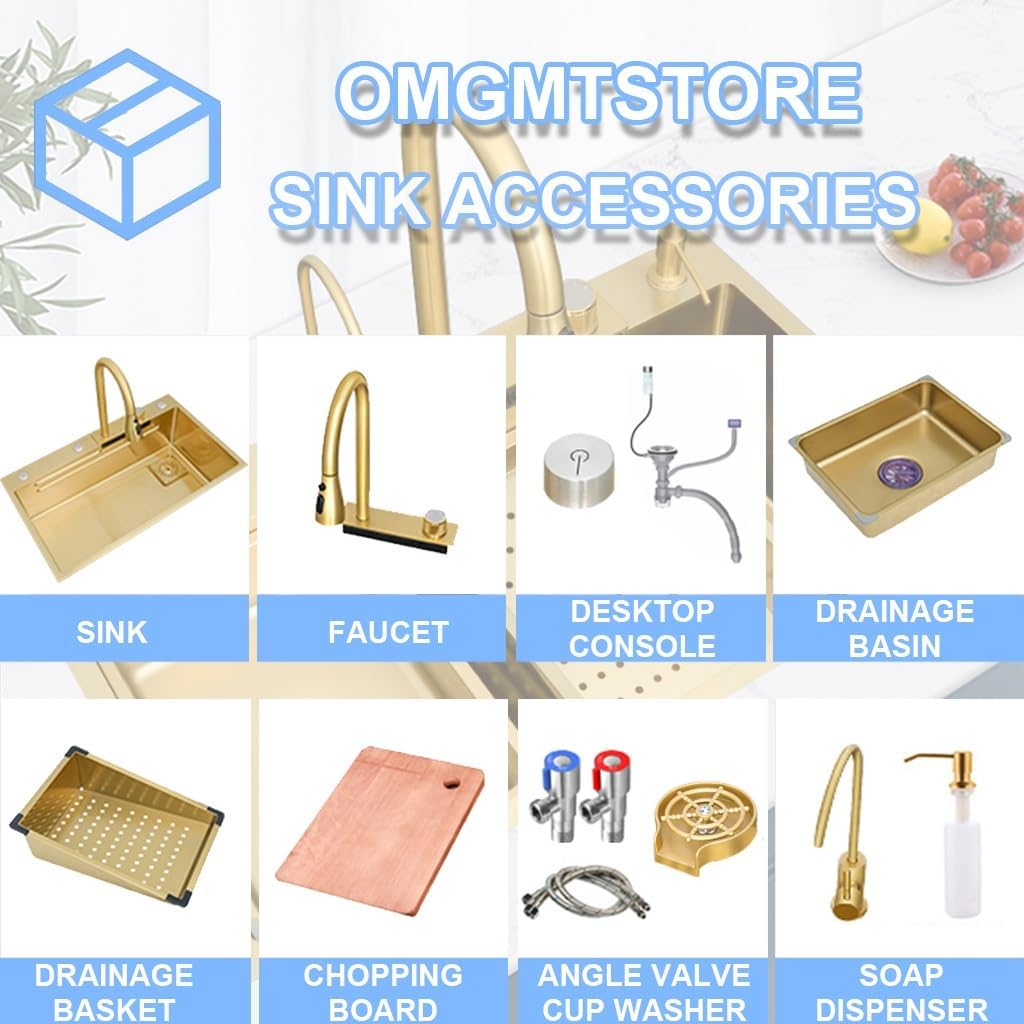 Stainless Steel Single-Bowl Waterfall Sink Multi-functional Golden Kitchen Workstation Sink With Pull-Out Faucet Cup Washer Complete Accessory Set Dual-Mount ( Color : Gold , Size : 75x45x22cm ) (