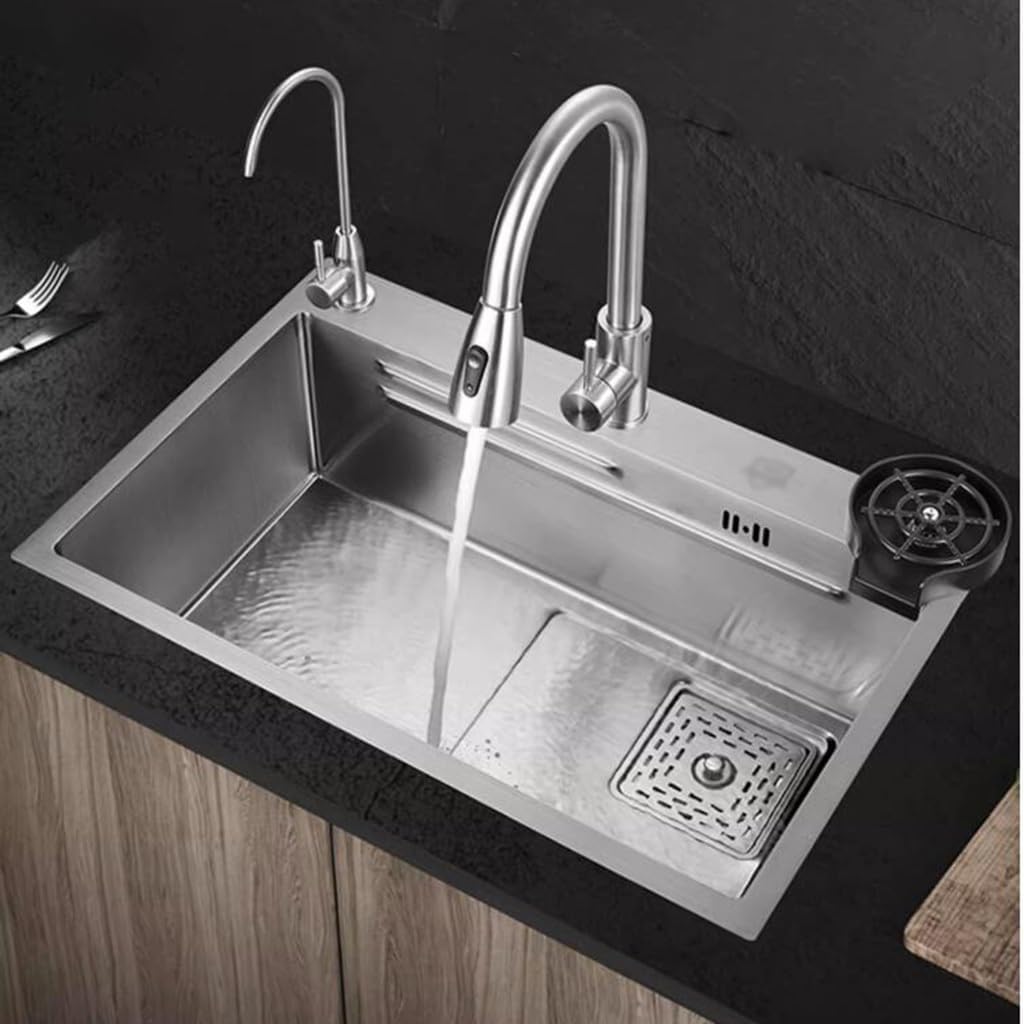 Kitchen Sinks, Single Bowl Vegetable Basin Single Bowl Sink Home Kitchen Stainless Steel Sink Double Steps Washisink Countertop Basin (68 * 45 * 22Cm