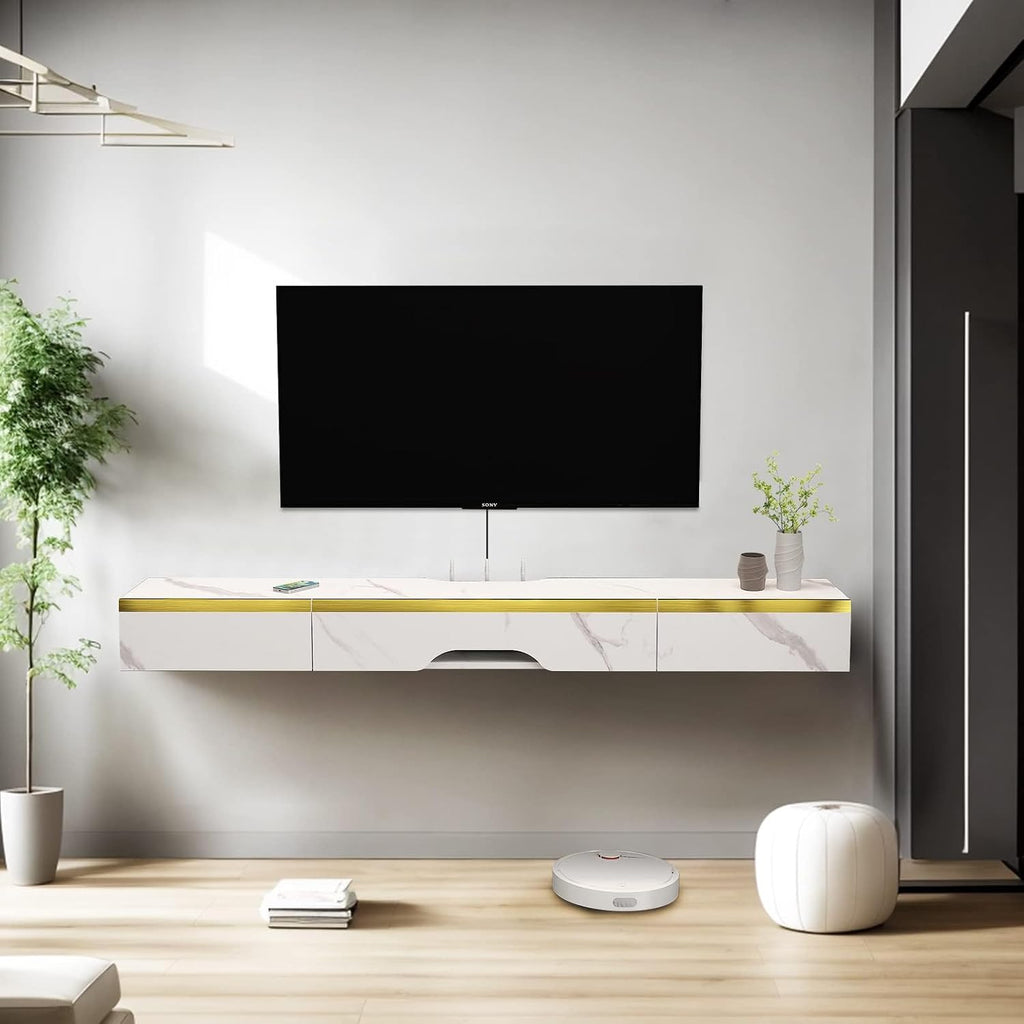 Pmnianhua Floating TV Shelf with Drawers, 59'' Wall Mounted TV Console Entertainment Media Shelf with 2 Drawers and 1 Door for Bedroom Living Room (White)