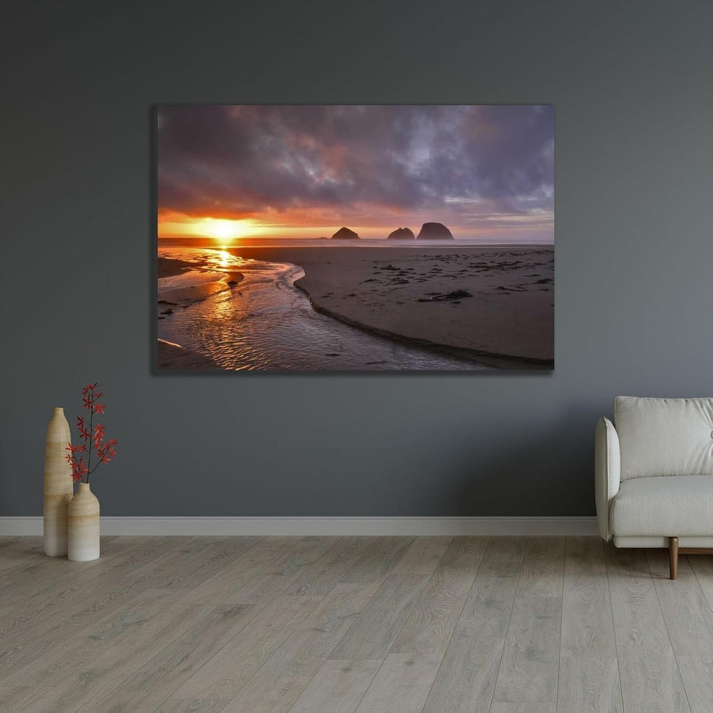 Terrill, Steve 40x27 Large Gallery Wrapped Stretched Canvas Art Titled: Oregon, Oceanside Sunset on Three Arch Rocks