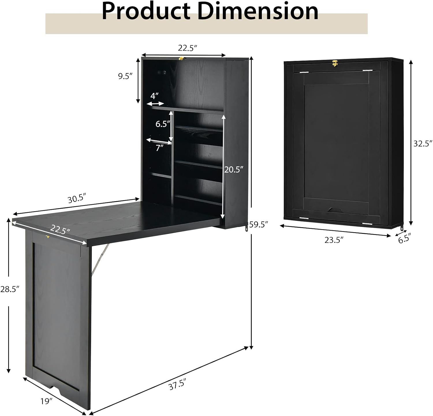 Wall Mounted Desk, Wood Collapsible Floating Desk, Convertible Computer Desk with Storage Area, Hanging Fold Out Table for Home Office, Small Spaces (Black)