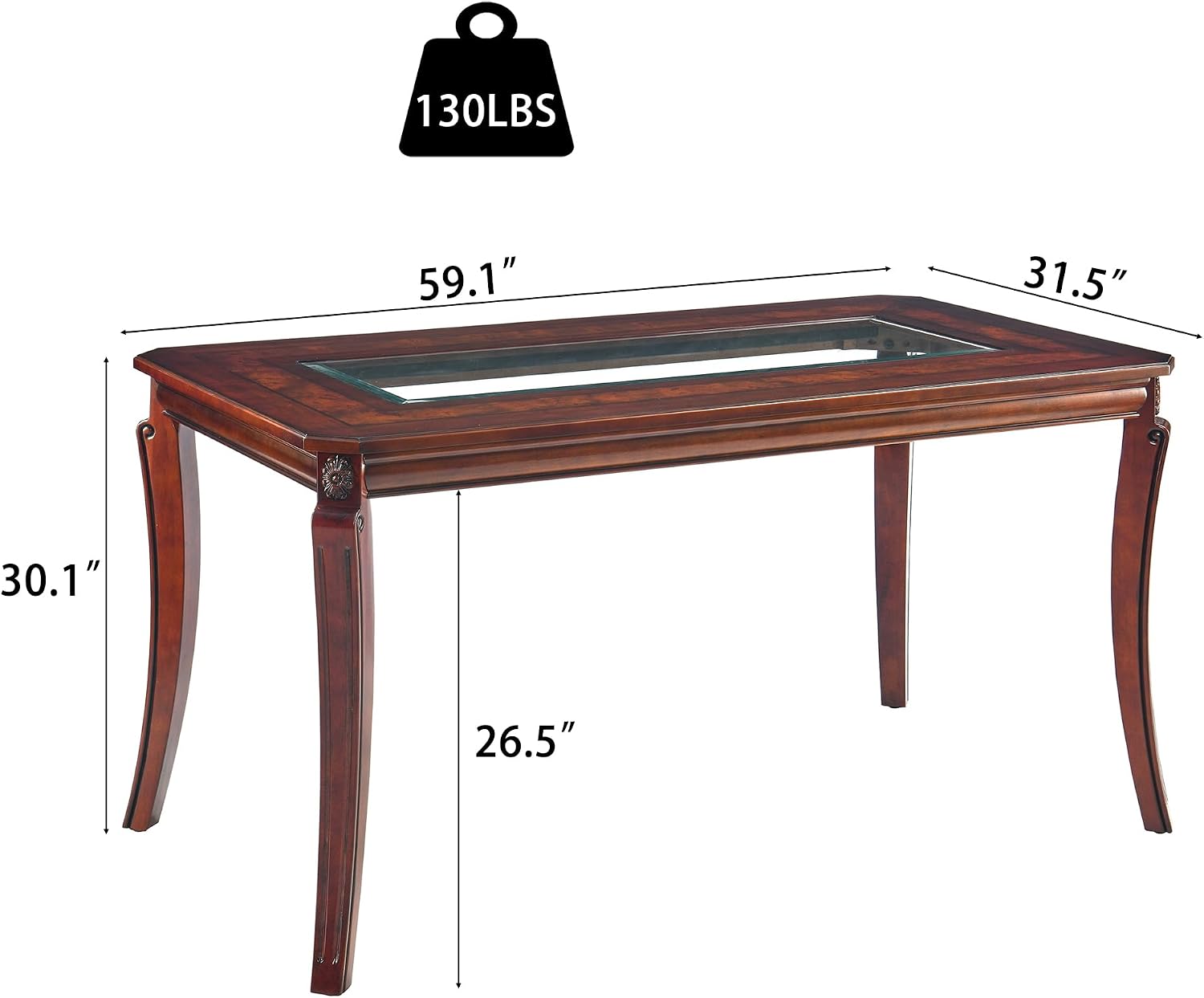 Rectangular Glass Dining Table 59' with Cherry Veneer Frame and Solid Wood Legs, for 4-6 People Tempered Glass Tabletop for Dining Room or Kitchen,Easy Assemble, Cherry Brown, CZ-A1168-GT
