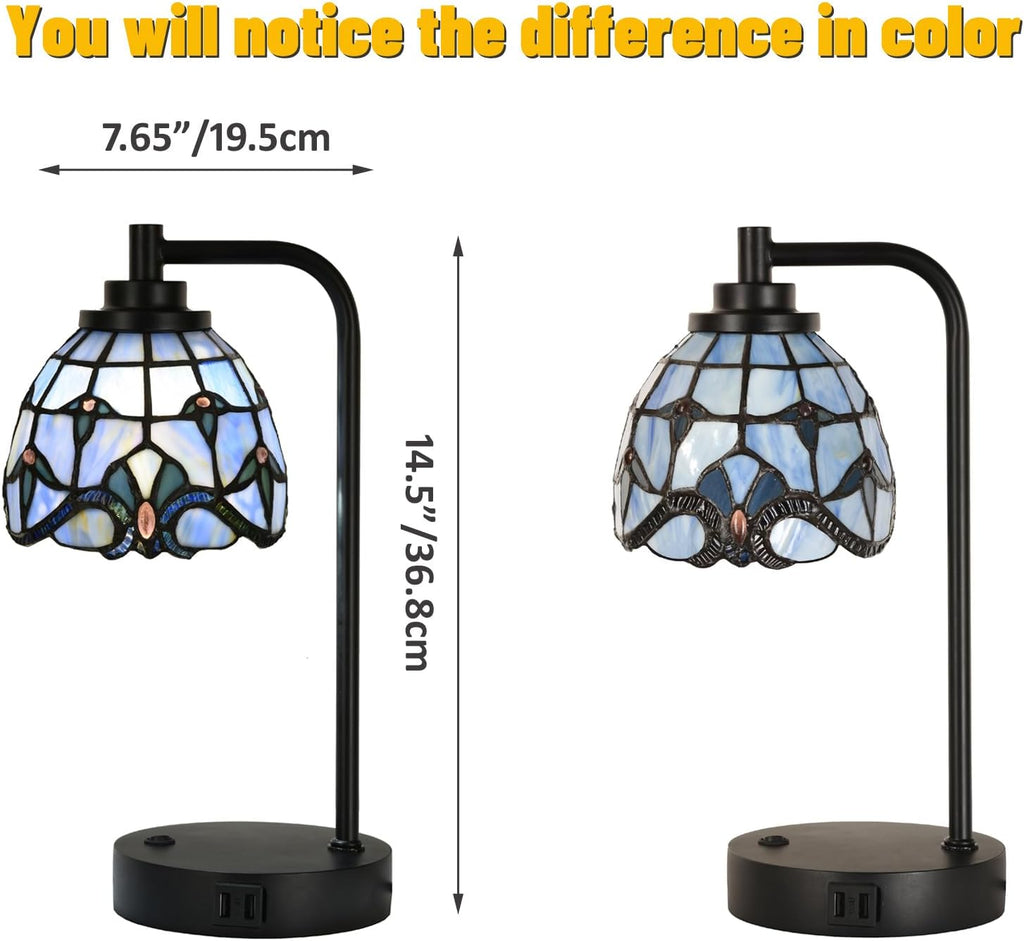 TL0016 Tiffany Style Stained Glass Table Lamp with USB Charging Ports, Desk Lamp with Blue Baroque Lamp Shade, Retro Nightstand H 14.5' for Bedroom Office, LED Bulb Included (Blue)