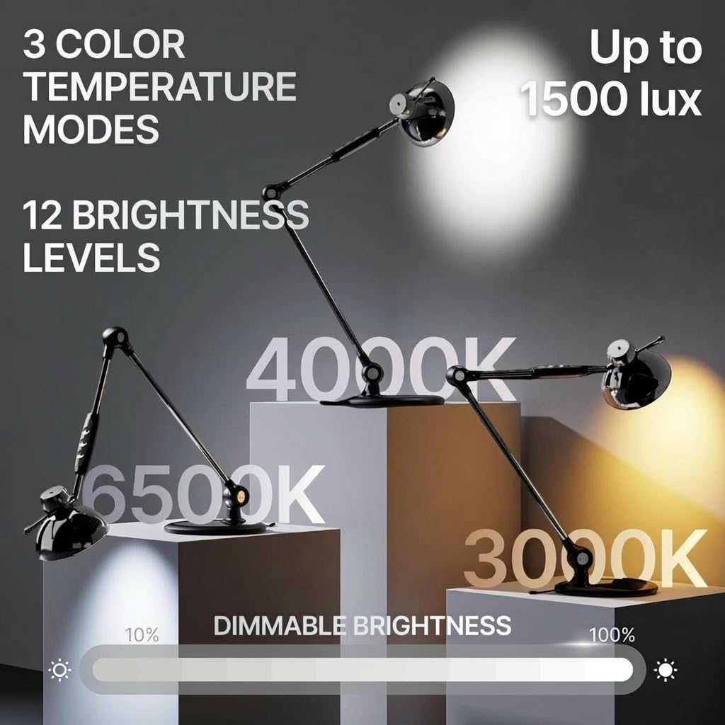 OTUS LED Desk Lamp for Home Office, Gesture On Off and Touch Control, Tall Architect Swing Arm Desk Light, 1500 Lux Eye Care Dimmable, 12 Levels, 3 Color Temps, Weighted Metal Base