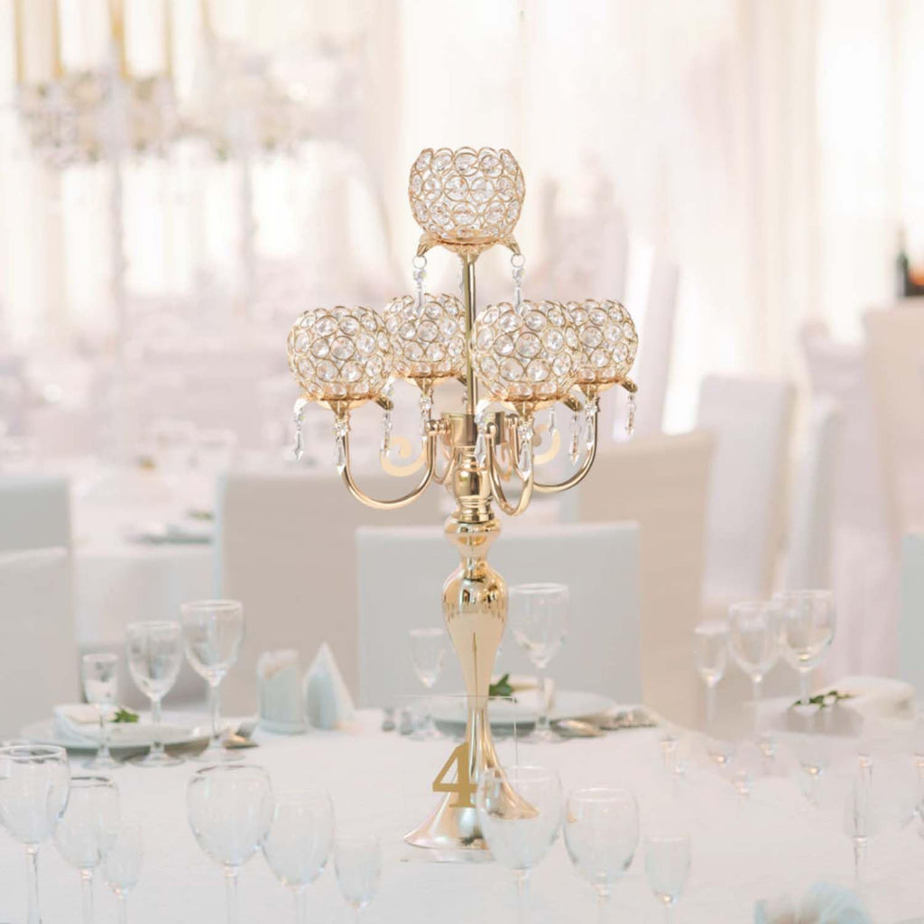 Set of 4 Candlesticks 5 Arm Crystal Strap Pendant Gold Table Decor Candelabra, 22.5 inches Elegant Dining Room Centerpieces for Holiday Parties Weddings (4, Gold)