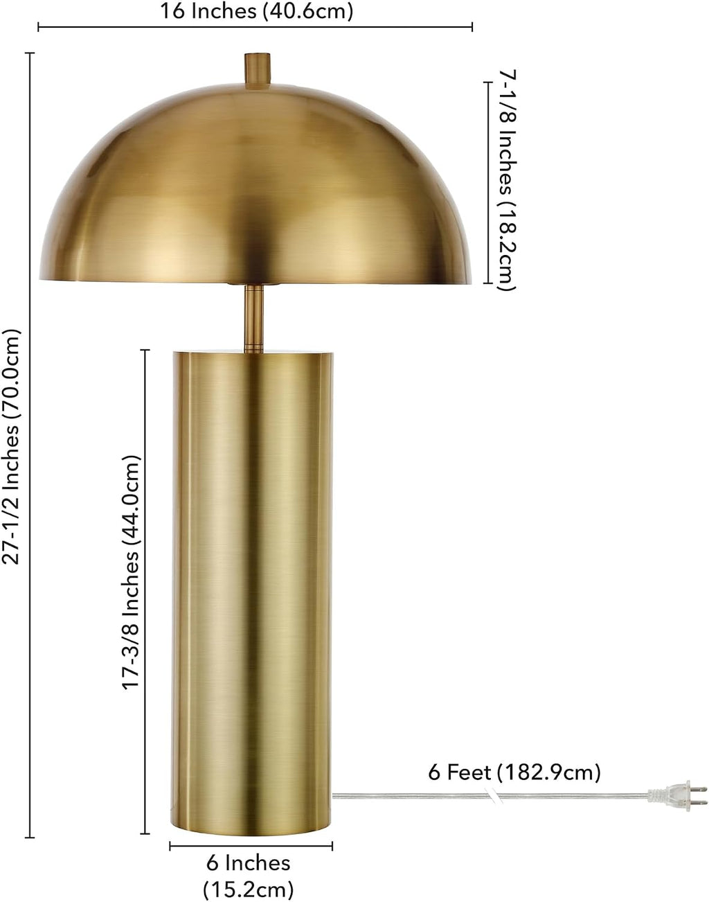 Henn&Hart 27' Mid-Century Modern 1-Light Table Lamp with Gold Metal Dome Shade for Living Room, Bedroom, or Office, Gold