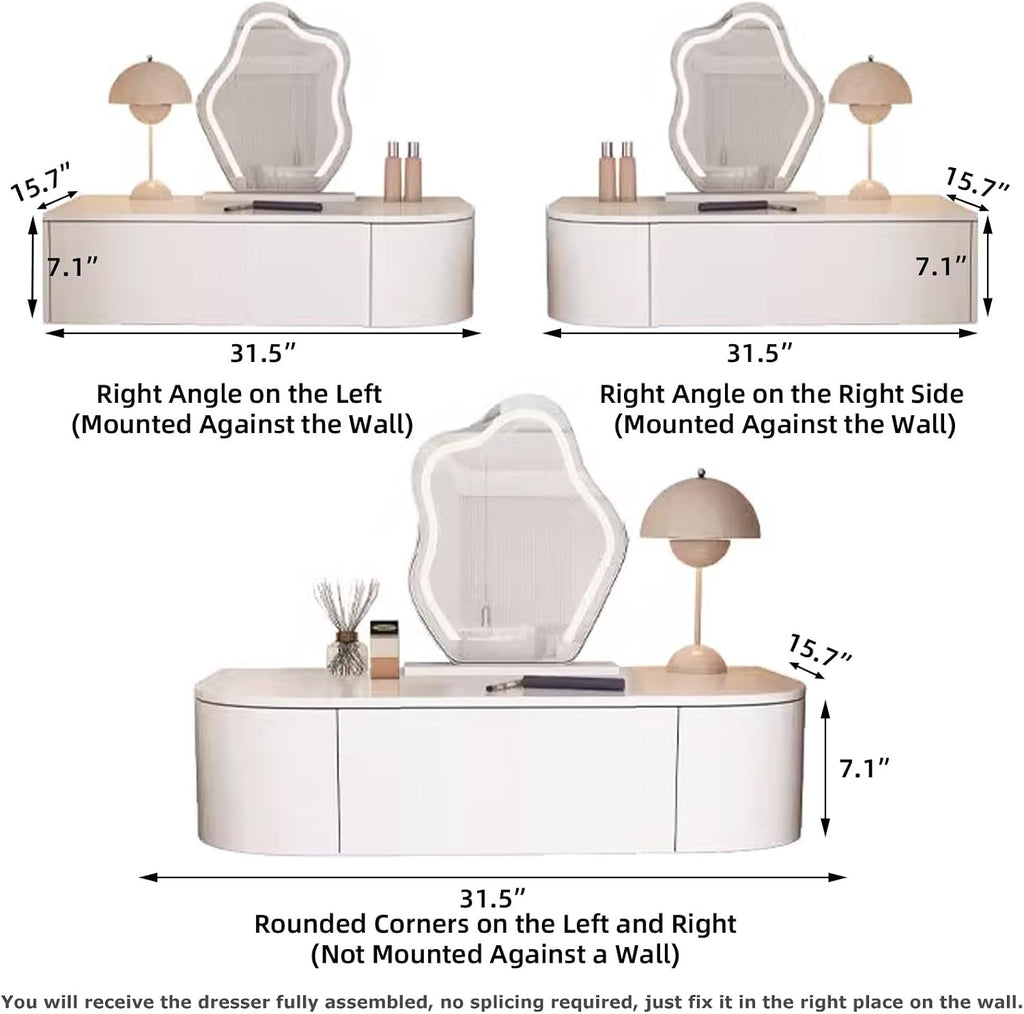 Corner Floating Desk with Drawers, Floating Vanity Makeup Table, Small Wall Mounted Floating Dressing Table Wall Storage Set, Wood Floating Shelf with Drawers, Modern White Vanity with Lighted Mirror(