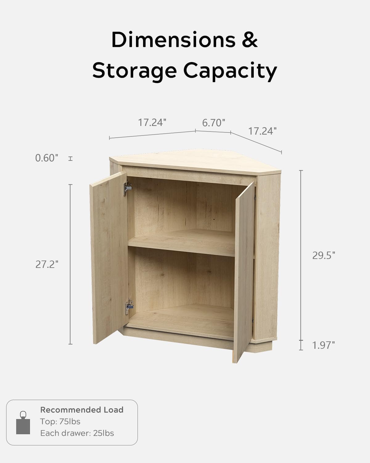 EYYTHUNG Corner Cabinet, Modern Handless Corner Floor Cabinet with 2 Doors and 2-Tier Shelves, Freestanding Narrow Organizer for Living Room Kitchen Bathroom, Light Oak
