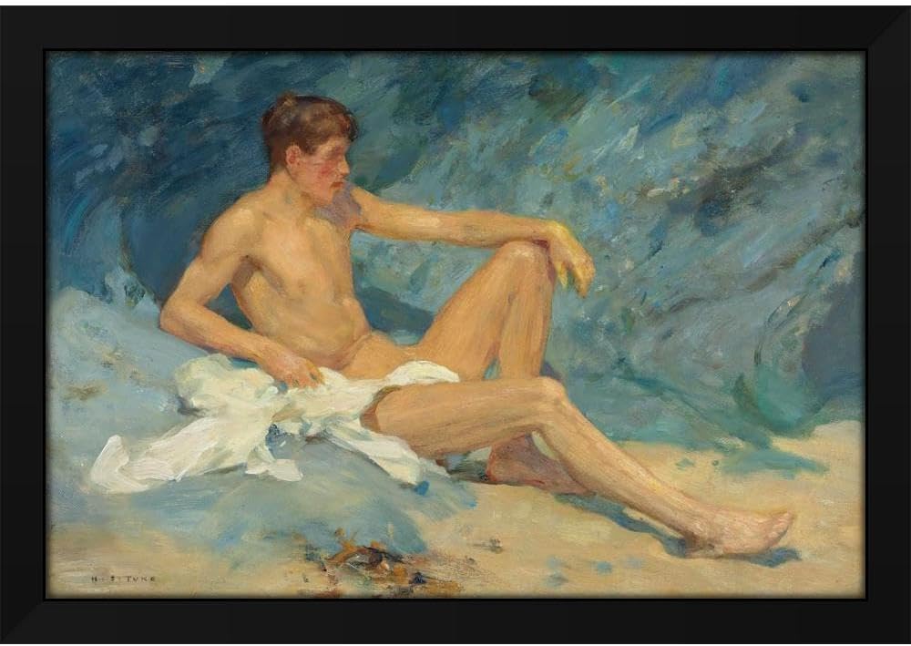 Henry Scott Tuke 48x32 Huge Black Modern Framed Art Print Titled: A Male Nude Reclining on Rocks