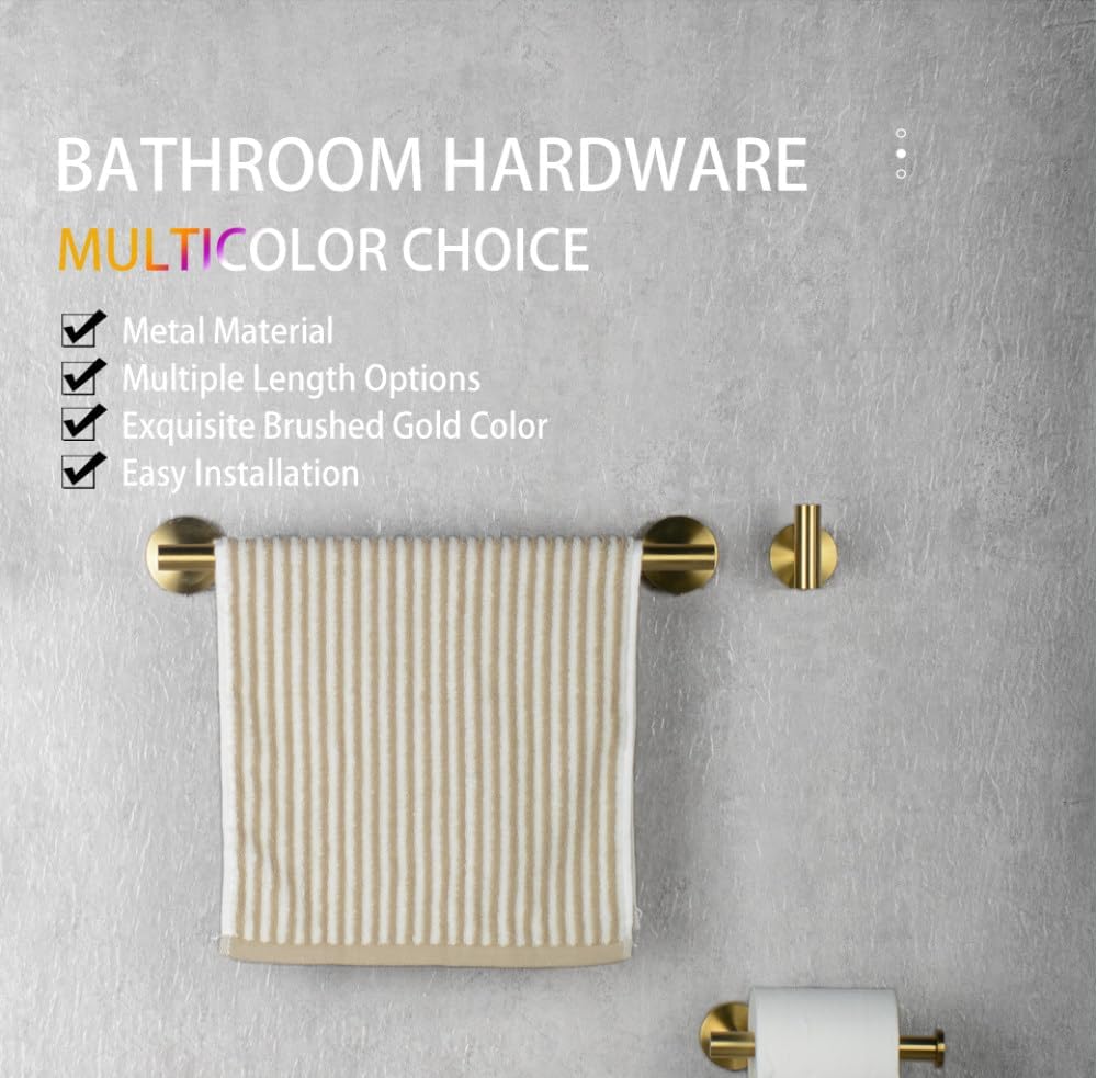 Brush Gold Bathroom Hardware Accessories Set Towel Bar Paper Holder Towel Ring Robe Hook Round Classic Bathroom Fittings, 4 Piece kit 30cm