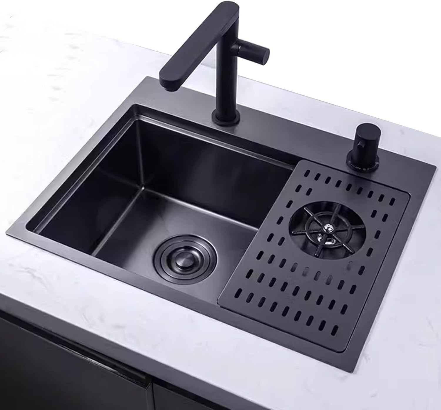 Black Bar Sink with Cup Washer Kitchen Single Bowl Sink with Cover Stainless Steel Sink Coffee Shop Sink Three-in-one Faucet (