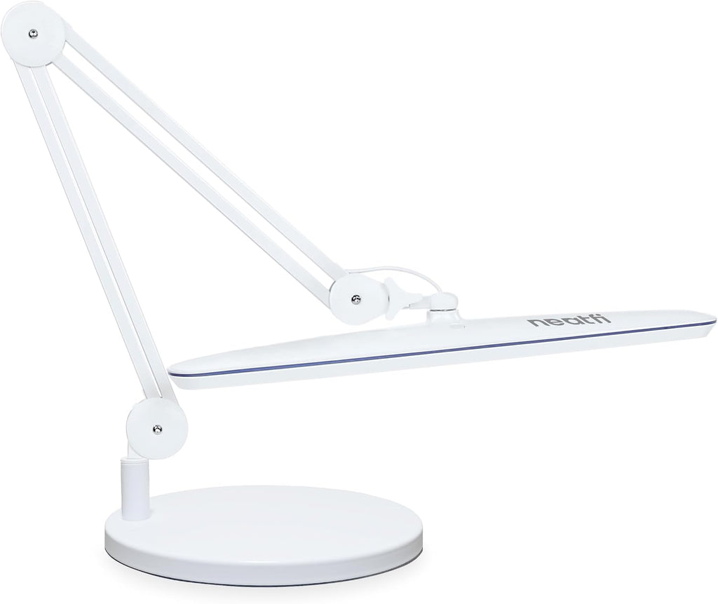 Neatfi XL 24W LED Desk Lamp – 2,200 Lumens | 23' Wide Shade | Dimmable Eye-Caring Task Light | Adjustable Arm | Office, Study, Crafting & Nail Techs (White, Non-CCT with Base)