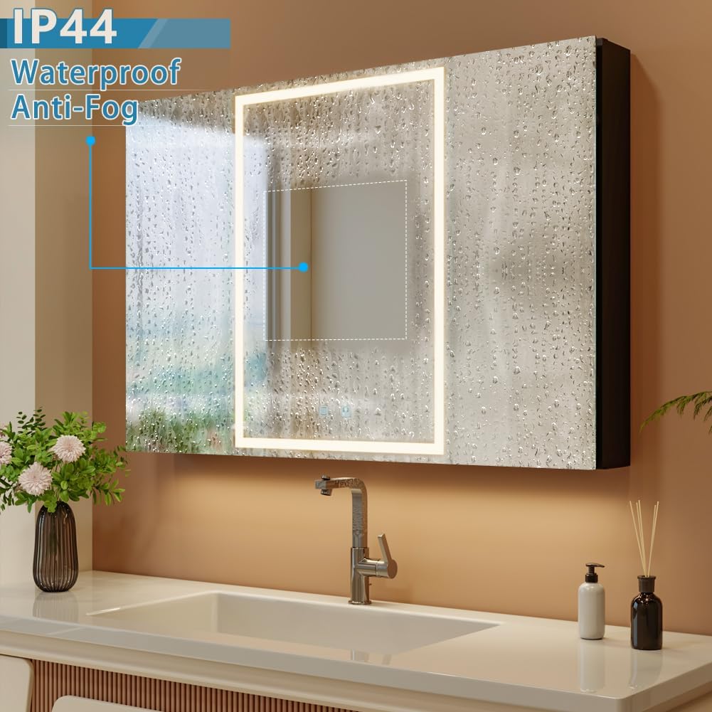 KWW LED Lighted Bathroom Medicine Cabinet with Sockets & USBs, Defogger, Dimmable, 3 Color Light Makeup Mirror, Easy to Install, Wall Mounted Cabinet (3 door-40 * 28)