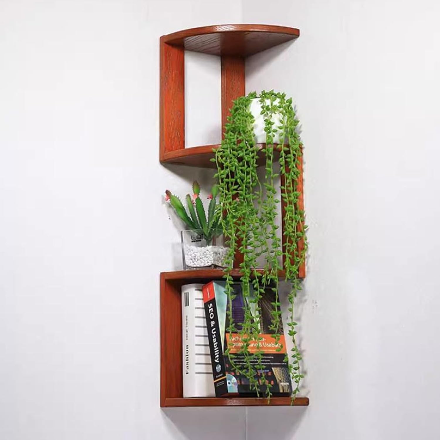 Wall Shelf Floating Corner Shelves for Wall Decor Storage, Solid Wood Wall Storage Shelves Rack 3 Tiers, Wall Mounted Wood Shelves for Home Decor, Bedroom, Living Room, B(Light Brown-Small)