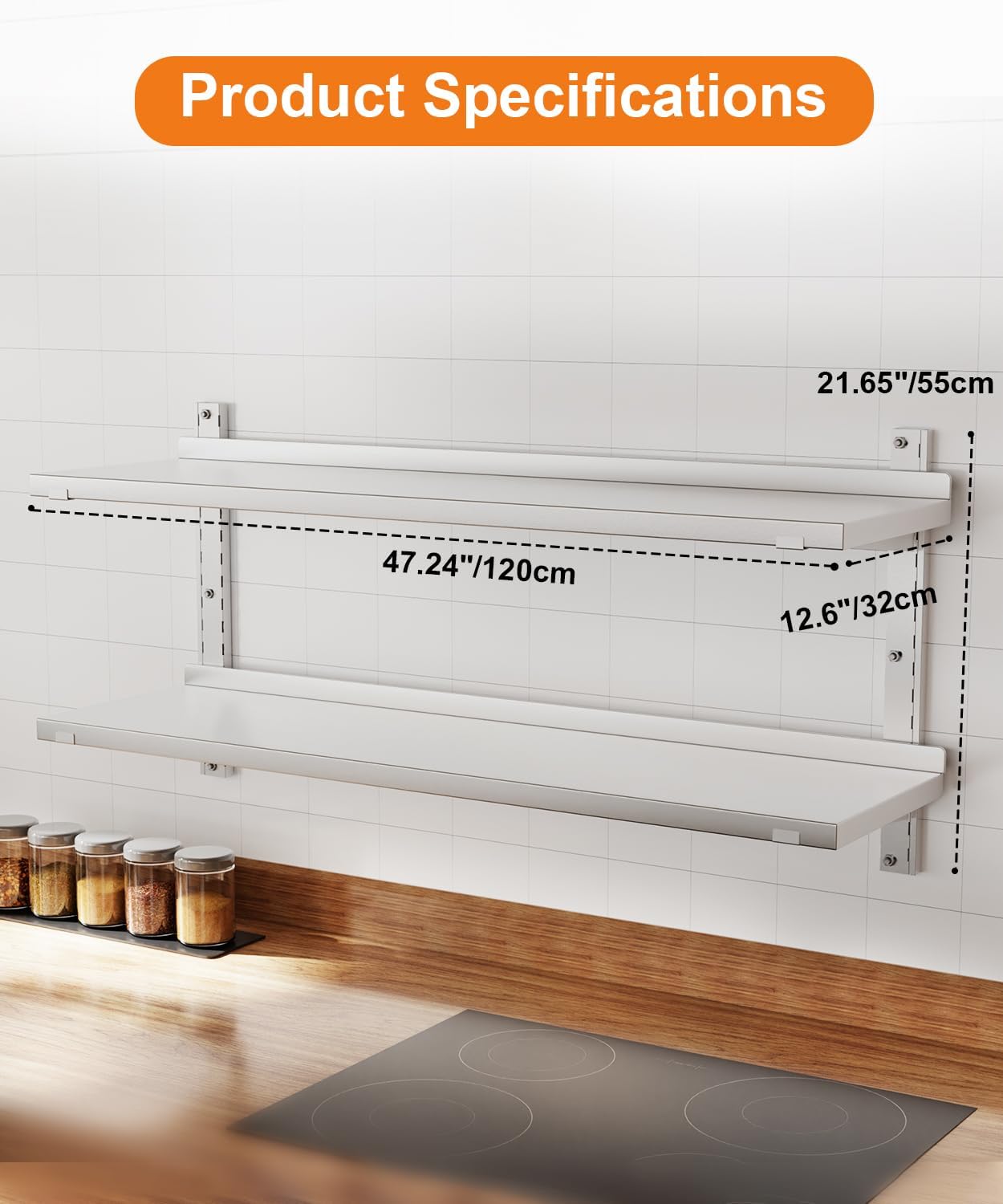 Stainless Steel Shelf, 47.2' X 12.6' Commercial Floating Wall Shelf with Brackets, 154Lbs Capacity, Adjustable Double-Layer Metal Heavy Duty Storage Rack for Restaurant, Kitchen Bar Home Hotel