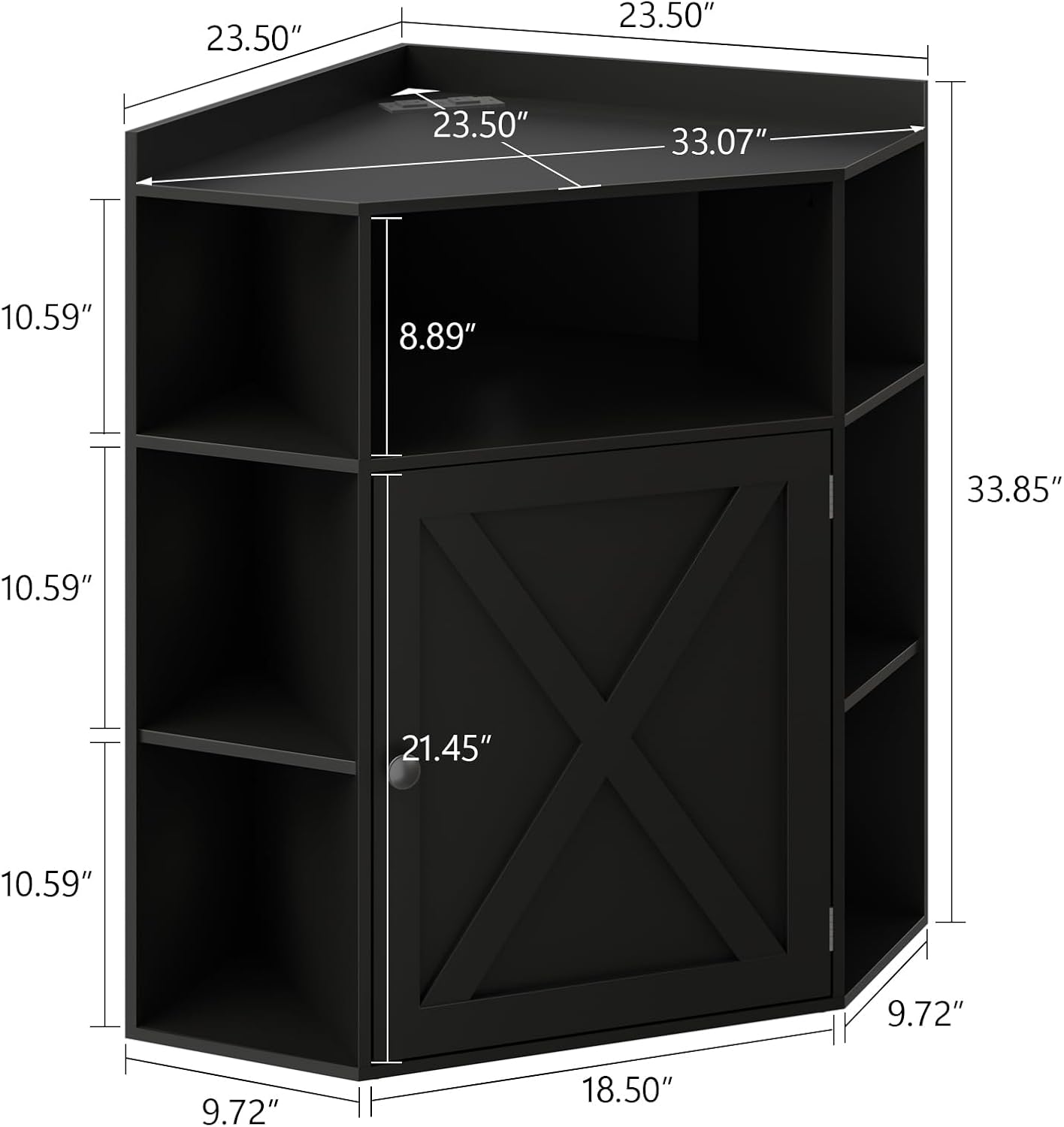 Halitaa Corner Storage Cabinet, Farmhouse Corner Bookshelf with Storage 6-Cubby Wooden Cabinet with USB Ports and Outlets Industrial Organizer for Small Space, Study, Playroom, Living Room, Black