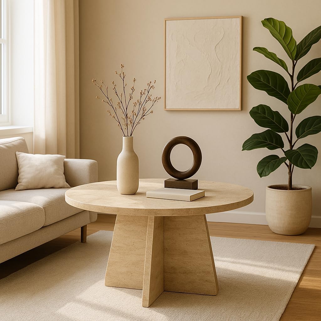 Travertine Efect 28.3 Inches Diameter Coffee Table Modern Side Table for Living Room Accent Table for Sofa or Bedroom (28.3x28.3x16.5 inches)