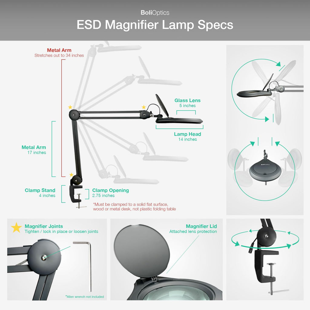 ESD Safe (Glass Lens) Professional LED Magnifying Lamp with Clamp (5 Diopter, 2.25X) Work Light, 4 Brightness Levels, Daylight Bright, 1200 Lumens, 5600K-6000K, Matte Black, BoliOptics MG16303222