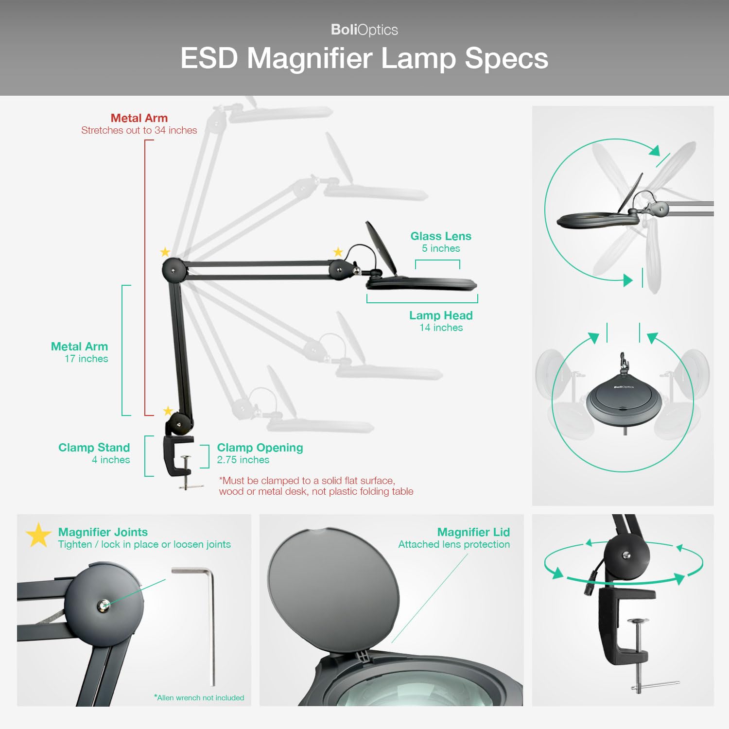ESD Safe (Glass Lens) Professional LED Magnifying Lamp with Clamp (5 Diopter, 2.25X) Work Light, 4 Brightness Levels, Daylight Bright, 1200 Lumens, 5600K-6000K, Matte Black, BoliOptics MG16303222