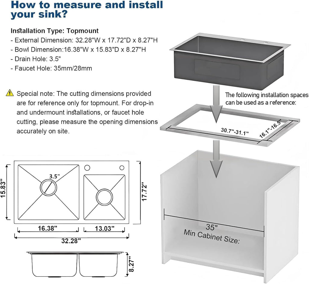 32' x 18' Drop-in/Topmount Double Bowl Kitchen Sink, Nano-Coated 304 Stainless Steel Kitchen Sink with Drain and Overflow