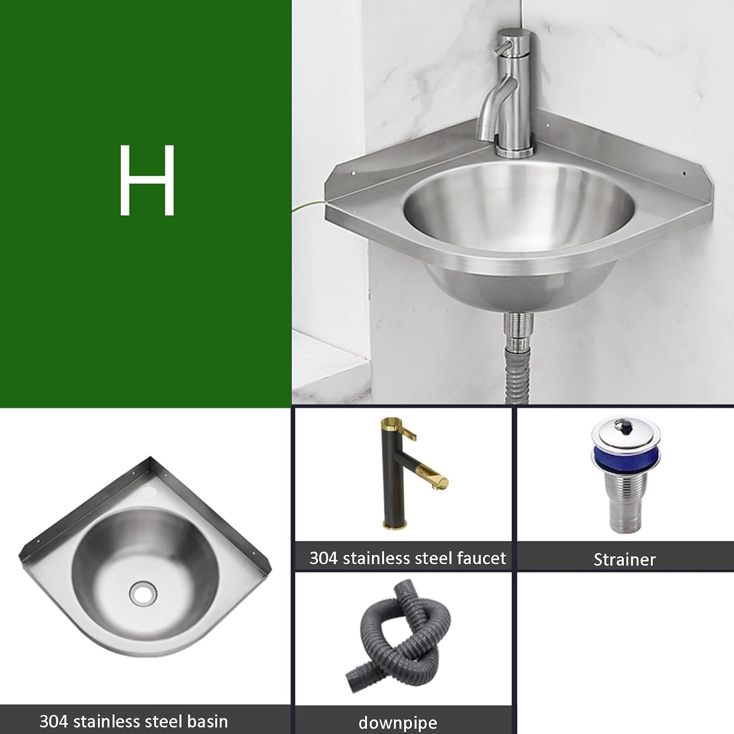 Stainless Steel Single Bowl Sink with Faucet, 3.9IN Deep Wall-Mounted WashBasin, Space-Saving, Easy to Clean,Small Sink Corner for Kitchen Bathroom (Color : Silver, Size : E) (Silver H)